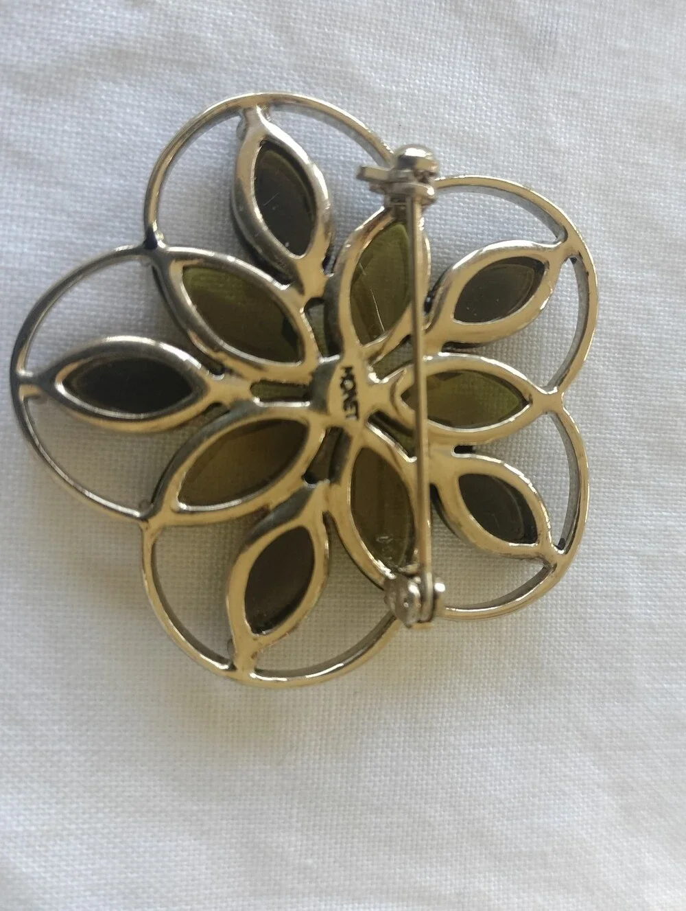 Amber Green Monet Marked Brooch-Vintage-Blue Center-marquis